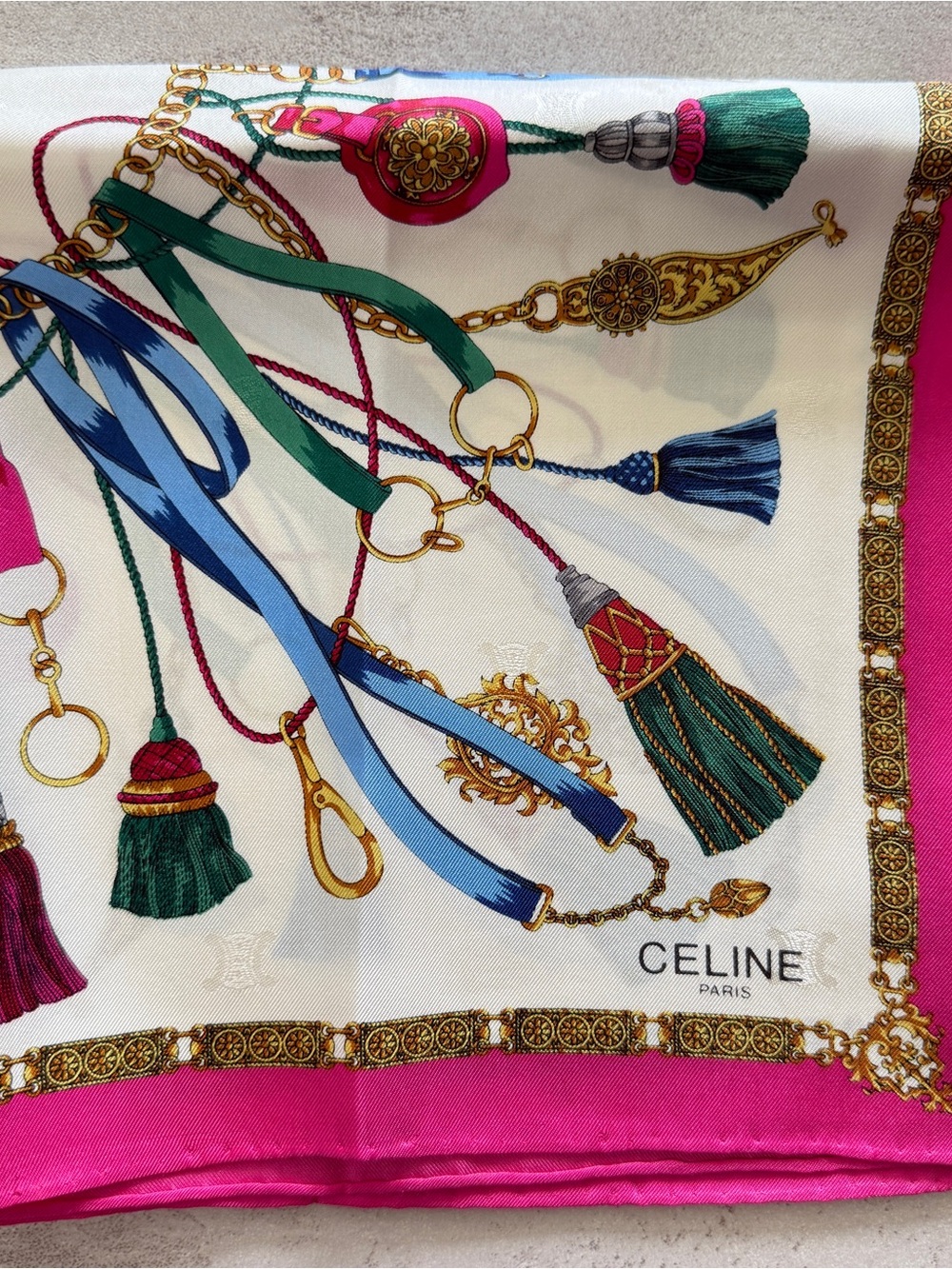 Celine Pink, White & Green Silk Pocket Square with Tassel Motifs